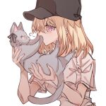  1girl animal animalization bad_id bad_pixiv_id bang_dream! bang_dream!_it&#039;s_mygo!!!!! baseball_cap black_hat blonde_hair cat grey_cat hat highres holding holding_animal holding_cat junjun_(kimi-la) medium_hair misumi_uika purple_eyes rejected_kiss shirt simple_background solo togawa_sakiko upper_body white_background white_shirt 