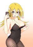  bad_id bad_pixiv_id bare_shoulders blonde_hair blush blush_stickers breasts bunny_tail cellphone cleavage covered_navel dark_magician_girl duel_monster green_eyes highres large_breasts long_hair nipples open_mouth pantyhose phone tail yaminokonjiki1 yuu-gi-ou yuu-gi-ou_duel_monsters 