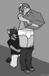 anthro assisted_exposure blush bottomwear bovid box briefs bully capra_kid caprine clothed clothing container dom_(capra_kid) duo eyewear facial_hair footwear forced forced_exposure forced_undressing fully_clothed glasses goat goatee greyscale hi_res holding_box holding_container holding_object horn male male/male mammal monochrome nerd open_mouth pantsing sharp_teeth shirt shoelaces shoes shorts sneakers t-shirt teeth teeth_showing tighty_whities topwear underwear undressing white_briefs white_clothing white_underwear