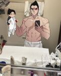  2boys character_request cowboy_shot highres holding_baby how_to_hold_my_baby_redraw_(meme) jitome kazama_jin looking_at_viewer male_focus meme multiple_boys muscular muscular_male nipples pectorals photo-referenced photo_background pigpotato_talon short_hair standing tekken tekken_8 topless_male 