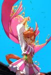  1girl animal_ears arm_up cape clenched_hand crown from_below highres horse_ears horse_girl horse_tail mini_crown nanaheibei_3 neck_ribbon orange_hair pink_cape pink_ribbon pink_skirt purple_eyes ribbon short_hair skirt solo t.m._opera_o_(umamusume) tail two-tone_skirt umamusume white_skirt 