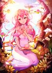  cherry_blossoms day dress eating flower food full_body ggomddak hand_up holding holding_tray looking_at_viewer original outdoors pink_hair pointy_ears railing sitting squirrel sunlight tray tree water white_dress 