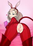  1girl animal_ears anus ass blonde_hair bodysuit english_commentary fake_animal_ears from_behind gloves green_eyes hair_ornament hairclip heart highres long_hair loodncrood looking_at_viewer looking_back persona persona_5 pink_background pink_gloves pussy rabbit_ears red_bodysuit red_footwear smile solo takamaki_anne teeth twintails upper_teeth_only 