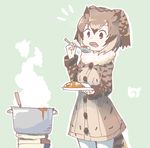  book brown_coat brown_eyes brown_hair coat commentary_request cowboy_shot curry curry_rice eating eurasian_eagle_owl_(kemono_friends) food fur_collar head_wings highres holding holding_plate holding_spoon kemono_friends long_sleeves open_mouth pantyhose pile_of_books plate pot rice solo spoon steam tail_feathers uepon_(shimo_ponzu) white_legwear 