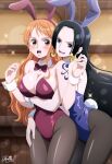  absurdres animal_ears black_hair black_pantyhose blue_eyes blue_leotard boa_hancock bow bowtie breasts brown_eyes cowboy_shot detached_collar highres hug hug_from_behind jemma_(iajemma) large_breasts leotard long_hair nami_(one_piece) one_piece open_mouth orange_eyes pantyhose parted_bangs playboy_bunny purple_bow purple_bowtie purple_leotard rabbit_ears rabbit_tail signature strapless strapless_leotard tail tattoo wrist_cuffs 