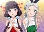  1girl ;3 ;d bangs bare_shoulders black_hair black_hairband blend_s blunt_bangs blush christmas crop_top detached_collar eyebrows_visible_through_hair fur_trim green_eyes hairband hands_clasped heart highres kanzaki_hideri long_hair looking_at_viewer low_twintails one_eye_closed open_mouth otoko_no_ko own_hands_together pom_pom_(clothes) purple_eyes sakuranomiya_maika silver_hair smile star strapless tubetop twintails upper_body vzmk2 