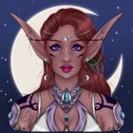 1:1 blizzard_entertainment bust_portrait ear_piercing ear_ring elf female hair head_jewelry hi_res humanoid humanoid_pointy_ears jemadoodles jewelry leaf looking_at_viewer markings moon necklace night_elf piercing portrait red_hair ring_piercing selune_darkeye smile smiling_at_viewer solo star warcraft