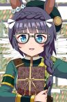  1girl animal_ears black-framed_eyewear black_hair blue_eyes book braid crown_braid glasses highres holding holding_book horse_ears horse_girl long_hair looking_at_viewer miboshi_moroboshi solo tilted_headwear umamusume upper_body zenno_rob_roy_(umamusume) 