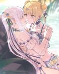  2girls after_kiss aoki_shizumi beach bikini black_bikini black_ribbon blonde_hair blurry blurry_background blush bracelet braid commentary_request d4dj day double_bun eye_contact flower fukushima_noa grey_eyes hair_bun hair_ribbon hand_on_another&#039;s_shoulder highres izumo_saki jewelry long_hair looking_at_another multiple_girls necklace outdoors parted_lips pink_hair ponytail ribbon rock saliva saliva_trail swimsuit water wet white_bikini yellow_flower yuri 