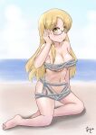  akashieru artist_logo artist_name barefoot beach blonde_hair blue_sky breasts cleavage cloud day glasses highres horizon kantai_collection large_breasts long_hair naked_rope navel navy_cross northampton_(kancolle) ocean outdoors rope semi-rimless_eyewear sky yellow_eyes 