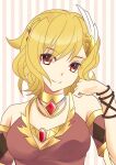  1girl blonde_hair brown_dress citrinne_(fire_emblem) dress earrings feather_hair_ornament feathers fire_emblem fire_emblem_engage gold_choker gold_trim hair_ornament hoop_earrings jewelry leather_wrist_straps red_eyes solo sylphy_fe wing_hair_ornament 
