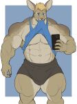 2023 abs anthro biceps big_bulge big_muscles biped black_bottomwear black_clothing black_shorts blonde_hair blue_clothing blue_eyes blue_shirt blue_tank_top blue_topwear bottomwear brown_body brown_fur bulge cellphone claws clothed clothing clothing_lift deltoids electronics finger_claws forearm_muscles fur hair hi_res holding_cellphone holding_object holding_phone holding_smartphone huge_muscles lagomorph leporid male mammal multicolored_body multicolored_fur muscular muscular_anthro muscular_arms muscular_male muscular_thighs navel obliques oldshep pecs phone quads rabbit selfie shirt shirt_in_mouth shirt_lift shorts simple_background smartphone solo tan_body tan_fur tank_top topwear triceps two_tone_body two_tone_fur vein veiny_muscles