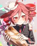  1girl baguette bare_shoulders blush bow bowtie bread collar commentary_request drill_hair en_(madoka_01) food hand_in_another&#039;s_hair happy_birthday highres holding kasane_teto pink_bow pink_bowtie pocket red_eyes red_hair smile solo solo_focus translation_request utau 