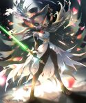  1girl animal_ear_fluff animal_ears black_gloves black_hat blonde_hair bracelet breasts cosmos_fang_(shadowverse_flame) curvy dress falling_petals flower full_body furry furry_female gloves gold_bracelet green_eyes hat high_heels holding holding_clothes holding_hat holding_sword holding_weapon indoors jewelry large_breasts mask mikebosi narrow_waist necklace official_art open_mouth pearl_bracelet petals pink_petals rose shadowverse short_hair simple_background smile solo spotlight standing sword tail torn_clothes torn_dress weapon white_dress wide_hips 