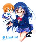  bangs blue_hair blue_neckwear bow bowtie chibi commentary_request dress_shirt floating glasses hair_between_eyes highres hoshizora_rin jumping long_hair long_sleeves love_live! love_live!_school_idol_project multiple_girls open_mouth orange_hair otonokizaka_school_uniform pleated_skirt red-framed_eyewear red_neckwear sagamihara_sakyou school_uniform semi-rimless_eyewear shirt short_hair simple_background skirt smile sonoda_umi striped striped_neckwear text_focus under-rim_eyewear white_background white_shirt yellow_eyes 