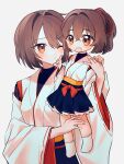  2girls absurdres aged_down blush brown_hair closed_mouth grey_background hair_between_eyes hair_ribbon highres hyuuga_(kancolle) ise_(kancolle) japanese_clothes kantai_collection kazeshio kimono multiple_girls one_eye_closed open_mouth orange_eyes red_ribbon ribbon ribbon-trimmed_sleeves ribbon_trim short_hair simple_background undershirt white_kimono wide_sleeves 