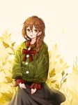  :d bad_id bad_pixiv_id black_skirt bow braid brown_eyes brown_hair earrings ggomddak glasses green_sweater jewelry looking_at_viewer open_mouth original outdoors plaid plaid_bow plant pom_pom_(clothes) red_bow skirt smile standing sweater 