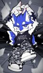 4_fingers absurd_res alternative_fashion anthro blue_body blue_eyes blue_fur building canid canine canis clothing countershade_fur countershading emo falling fingers footwear fur hi_res kemono male mammal military_pants shoes solo white_body white_countershading white_fur wolf yunbucai