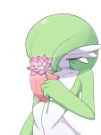  1girl arm_at_side bob_cut closed_eyes closed_mouth collarbone colored_skin commentary flat_chest flower gardevoir green_hair green_skin hair_over_one_eye hand_up highres holding holding_flower ikuzonomiki12 lotus multicolored_skin one_eye_covered pink_flower pokemon pokemon_(creature) raised_eyebrows sad short_hair simple_background solo standing tears two-tone_skin u_u upper_body white_background white_skin 