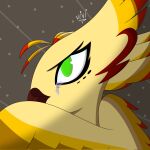 anthro avian beak bird bodily_fluids crying feathers female green_eyes hi_res simple_background solo tears vivzlover wings yellow_body