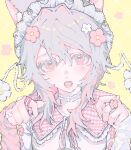  1girl 8xvly absurdres animal_ears cat_ears flower flower_ring grey_hair highres limited_palette long_hair looking_at_viewer open_mouth original pink_eyes pink_flower plaid_nails portrait solo white_flower yellow_background 