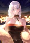  arm_belt azur_lane bare_shoulders black_dress blue_eyes blurry blurry_background breasts character_name closed_mouth dated dress earrings feather_boa grey_hair hair_between_eyes hair_ornament highres jewelry large_breasts lights medium_hair necomilk night night_sky signature sky sleeveless sleeveless_dress tirpitz_(azur_lane) upper_body 