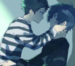 2boys absurdres black_hair black_sweater blue_eyes blue_hair closed_mouth eye_contact from_side hands_on_another&#039;s_cheeks hands_on_another&#039;s_face highres long_sleeves looking_at_another male_focus multiple_boys persona persona_3 pharos prison_clothes profile room_rem simple_background sweater upper_body yaoi yuuki_makoto_(persona_3) 