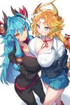  2girls absurdres arms_under_breasts asymmetrical_docking blonde_hair blue_hair blue_sky breast_press breasts cleavage dress_shirt facial_mark feet_out_of_frame grey_eyes highres horns kanna_(p&amp;d) kuuron_(moesann17) large_breasts long_hair multiple_girls neck_ribbon orange_eyes pants pleated_skirt puzzle_&amp;_dragons ribbon satsuki_(p&amp;d) shirt skirt sky track_pants track_suit white_shirt 
