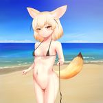  ancroid animal_ears bikini bikini_bottom_removed black_bikini blonde_hair blue_sky blush brown_eyes cloud covered_nipples cowboy_shot day fennec_(kemono_friends) fox_ears fox_tail highres holding_strap horizon kemono_friends light_smile looking_at_viewer navel ocean outdoors shore side-tie_bikini sky solo swimsuit tail 