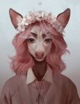 anthro blue_eyes brown_body bust_portrait clothed clothing deer eyelashes female flower front_view glistening glistening_eyes hair hi_res looking_at_viewer mammal marie_merkh mouth_closed pink_hair plant portrait simple_background solo white_background white_body white_flower