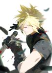  1boy armor black_feathers blonde_hair blood blood_on_face buster_sword cloud_strife feathers final_fantasy final_fantasy_vii final_fantasy_vii_rebirth final_fantasy_vii_remake fui_(fui29493452) gloves green_eyes highres holding holding_sword holding_weapon light_smile male_focus possessed shirt short_hair shoulder_armor single_shoulder_pad sleeveless sleeveless_turtleneck spiked_hair suspenders sword turtleneck weapon white_background 