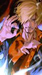  1boy black_necktie blonde_hair blood blood_on_face cigarette commentary_request curly_eyebrows facial_hair formal goatee hair_over_one_eye highres holding holding_cigarette male_focus necktie one_eye_covered one_piece orange_shirt sanji_(one_piece) shirt short_hair smile solo suit teeth vasan5555 
