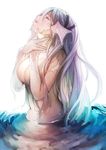  au_ra breasts closed_eyes convenient_arm final_fantasy final_fantasy_xiv fingernails hair_between_eyes hands_up highres large_breasts lavender_hair long_hair mermaid monster_girl nude own_hands_together parted_lips partially_submerged red_lips solo tamtam_ex topless very_long_hair water wet wet_hair white_background 