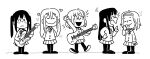  5girls akiyama_mio arm_up arms_behind_back bass_guitar blazer blush charles_schulz_(style) closed_eyes closed_mouth electric_guitar flying_sweatdrops guitar hair_ornament hairclip heart highres hirasawa_yui holding holding_instrument index_finger_raised instrument jacket k-on! kotobuki_tsumugi lineart long_hair long_sleeves looking_to_the_side monochrome multiple_girls nakano_azusa neck_ribbon notice_lines open_mouth pantyhose parody peanuts pleated_skirt ribbon richie_piacentini sakuragaoka_high_school_uniform school_uniform short_hair simple_background skirt smile standing style_parody tainaka_ritsu tongue tongue_out twintails 