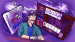  1boy balatro black_hair card commentary dutch_angle english_commentary fukumoto_nobuyuki_(style) highres impactzack itou_kaiji joker_(playing_card) kaiji long_hair male_focus medium_bangs mouse_(computer) official_style open_mouth parody playing_card playing_games pointy_nose poker purple_background solo style_parody upper_body wavy_eyes zawa_(onomatopoeia) 