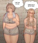  2girls blonde_hair blush closed_eyes dungeon_meshi elf english_commentary falin_thorden green_eyes highres lesbeanlatte long_hair looking_at_another marcille_donato meme multiple_girls plump pointy_ears simple_background standing underwear yuri 