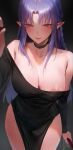  1girl absurdres bare_shoulders blue_hair blush braid breasts cleavage dress fate/stay_night fate_(series) highres large_breasts long_hair long_sleeves looking_at_viewer medea_(fate) parted_bangs pointy_ears purple_eyes rororo side_braid smile solo 