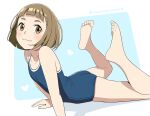  1girl barefoot blue_background blue_one-piece_swimsuit blunt_bangs breasts brown_eyes brown_hair competition_school_swimsuit hiyori_mizuki lying on_stomach one-piece_swimsuit school_swimsuit short_hair small_breasts soles solo sora_yori_mo_tooi_basho swimsuit tamaki_mari thick_eyebrows twitter_username 