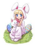  1girl alouette_(mega_man) animal_ears blonde_hair blue_eyes blush blush_stickers deniacp easter_egg egg fake_animal_ears fake_tail grass highres long_hair mega_man_(series) mega_man_zero_(series) onesie pink_ribbon rabbit_ears rabbit_tail ribbon robot_ears simple_background smile solo stuffed_toy tail white_background 