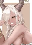  1girl absurdres azur_lane blonde_hair braid breasts brown_background brown_horns commentary_request dark-skinned_female dark_skin from_side grin hair_over_one_eye highres horn_ornament horns large_breasts large_horns long_hair looking_at_viewer looking_to_the_side low_twin_braids mole mole_under_mouth nail_polish official_alternate_costume one-piece_swimsuit owari_(azur_lane) owari_(shimmering_forsythia)_(azur_lane) revealing_clothes shiba_shiba_06 sideboob simple_background smile solo swimsuit twin_braids two-tone_background white_nails white_one-piece_swimsuit yellow_eyes 