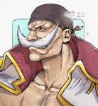  1boy bandana black_bandana brown_eyes closed_mouth collarbone commentary_request edward_newgate english_text facial_hair highres iago_fn male_focus mustache one_piece open_clothes portuguese_commentary solo 