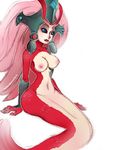  2014 5_fingers armor bebecake black_sclera blue_eyes breasts clothing erect_nipples female fish_humanoid gauntlets gloves hair helmet humanoid humanoid_hands koi_nami league_of_legends looking_at_viewer marine merfolk mostly_nude nami_(lol) navel nipples pink_hair red_scales riot_games scales signature simple_background sitting solo vambraces video_games white_background 