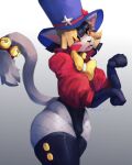4:5 absurd_res accessory anthro bell biped blue_clothing blue_hat blue_headwear bulge clothed clothing domestic_cat felid feline felis furgonomics girly hair hat headgear headwear hi_res jaspar_(pajamamcham) male mammal solo tail tail_accessory tail_bell thick_thighs ze0metric