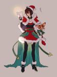  1boy 1other ahoge belt black_gloves black_pantyhose boots brown_hair cape capelet carrying carrying_under_arm christmas_stocking cleavage_cutout clothing_cutout commentary crossdressing dress facing_viewer fingerless_gloves full_body fur-trimmed_boots fur-trimmed_capelet fur-trimmed_dress fur-trimmed_shirt fur-trimmed_sleeves fur_trim gloves granblue_fantasy green_belt green_cape green_ribbon hair_between_eyes hat holding holding_paper holding_sack hood hood_down iwashi_(morpho000) looking_at_object male_focus messy_hair pantyhose paper reading red_capelet red_eyes ribbon sack sandalphon_(granblue_fantasy) santa_costume santa_hat shirt star_(symbol) symbol-only_commentary thigh_cutout translation_request vyrn_(granblue_fantasy) 