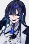  1girl ado_(utaite) black_jacket blue_eyes blue_flower blue_hair blue_rose chando_(ado) cloud_nine_inc collared_shirt commentary flower flower_brooch hair_between_eyes hashtag_only_commentary highres jacket long_hair looking_at_viewer mole mole_under_eye open_mouth rose shirt sidelocks simple_background solo teeth upper_body utaite wahahafufuhehe white_background white_shirt 
