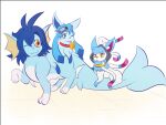 3_fingers 3_toes amber_eyes bell bell_collar black_nose blue_body blue_eyes blue_fur blue_hair cel_(glaceon) clothing collar eeveelution eyewear eyewear_on_head feet female feral fingers fur generation_1_pokemon generation_4_pokemon generation_6_pokemon glaceon goggles goggles_on_head group hair half-closed_eyes hoodie narrowed_eyes nintendo paws pokemon pokemon_(species) riding_on_back ring ruka_vaporeon sai_(sylveon) simple_background sylveon toes tongue tongue_out topwear trio unknown_artist vaporeon white_background white_body white_fur