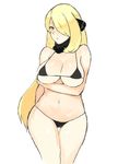  1girl bikini black_bikini blush breast_hold breasts cleavage hair_over_one_eye large_breasts looking_at_viewer npc npc_trainer pokemon pokemon_champion pokemon_dppt shirona_(pokemon) solo underboob very_long_hair 