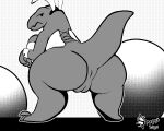 5:4 aliasing animated anus big_breasts big_butt breasts butt digital_media_(artwork) digitigrade dinosaur dithering easter female feral genitals holidays monochrome presenting presenting_hindquarters pussy rear_view reptile scalie short_playtime signature snapps subtle_animation thick_thighs