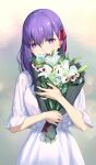  1girl absurdres blush bouquet commentary_request dress fate/stay_night fate_(series) flower hair_between_eyes hair_ribbon head_tilt highres holding holding_bouquet leaf looking_at_viewer matou_sakura pink_ribbon purple_eyes purple_hair ribbon simple_background solo tooku0 white_dress white_flower 