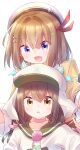  2girls absurdres adjusting_clothes adjusting_headwear beret blush brown_eyes brown_hair brown_shirt choker eyebrows_hidden_by_hair flat_cap flat_chest hair_between_eyes hair_ornament hairclip hat highres lorea_(shinmai_renkinjutsushi) multiple_girls nyaa_(nnekoron) open_mouth pink_choker purple_eyes sarasa_feed shinmai_renkinjutsushi_no_tenpo_keiei shirt short_hair simple_background smile snowflake_print upper_body white_background white_hat white_shirt 